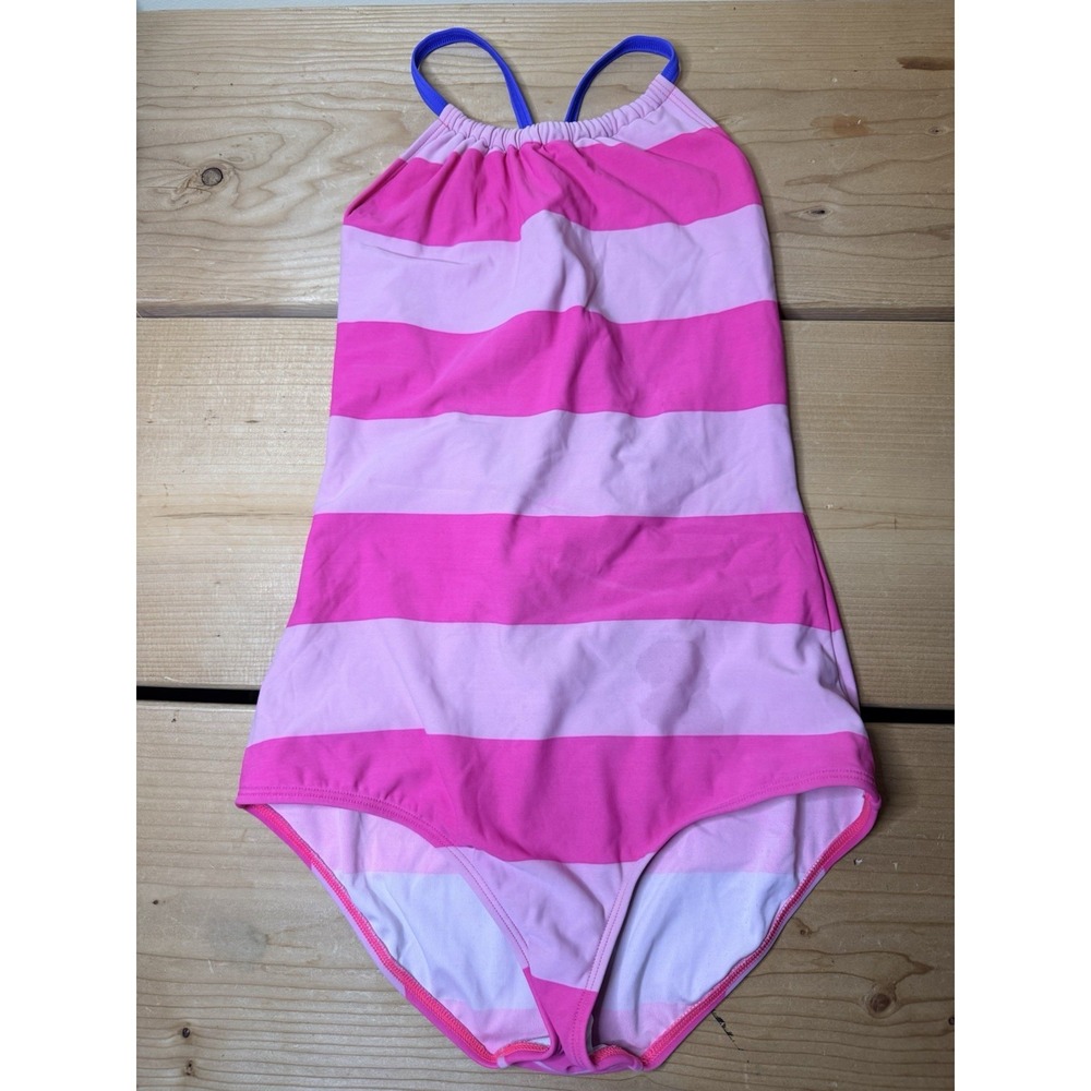 Mini Boden Girls Swimsuit Pink Striped Cross-back one piece sz 13-14 Colorful